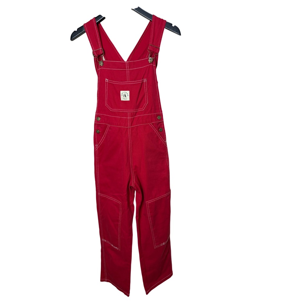 Hey Gang Red Cotton Canvas Bib Knee Patch Overalls Contrast Stitch Size 00/XXS